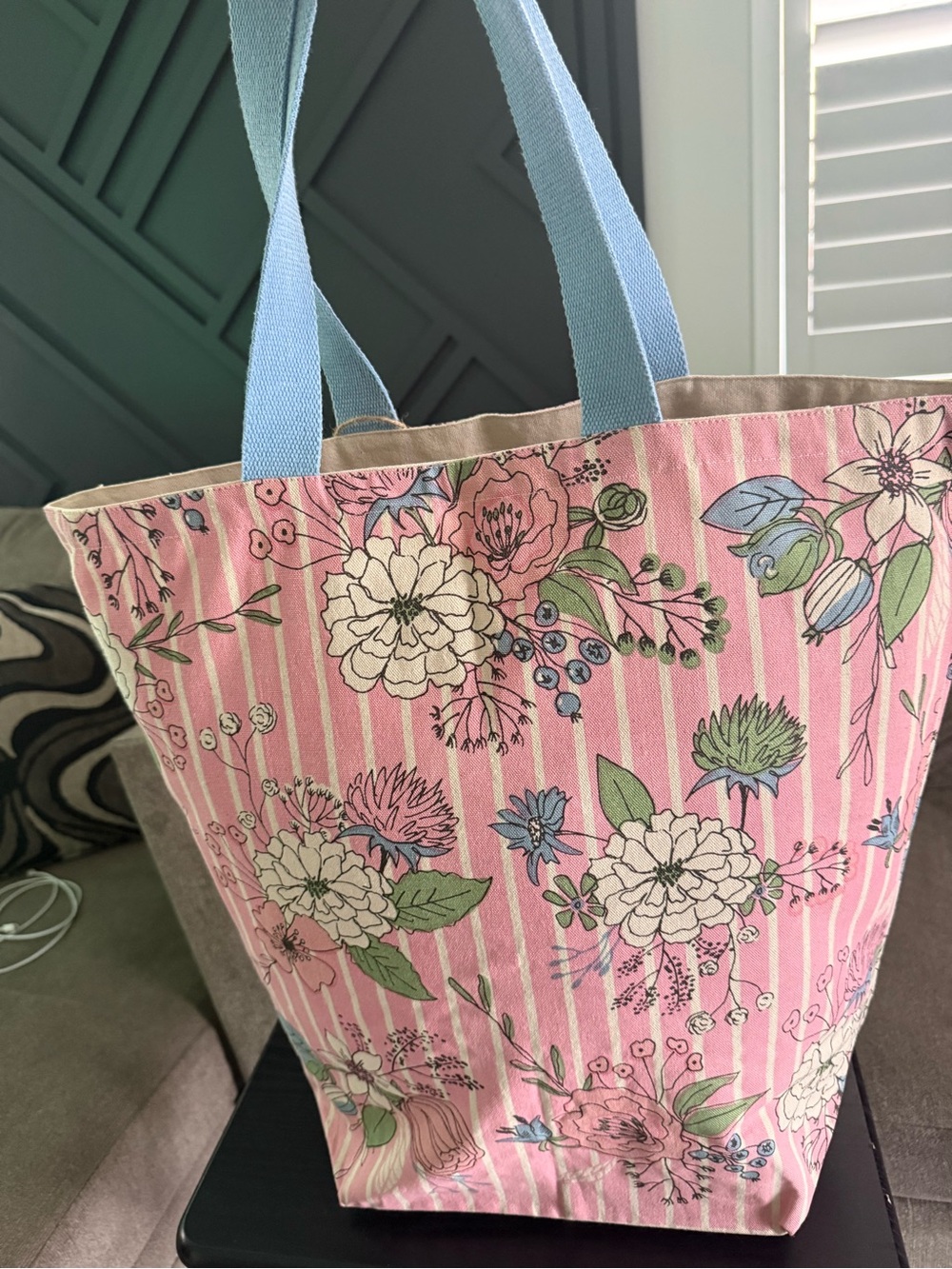 Floral Pink thick canvas Tote Bag with Blue Handles oversized size 20x19 nwt
